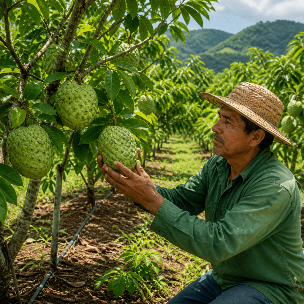 Culture d’anones dans un verger tropical avec fruits verts sur l’arbre.