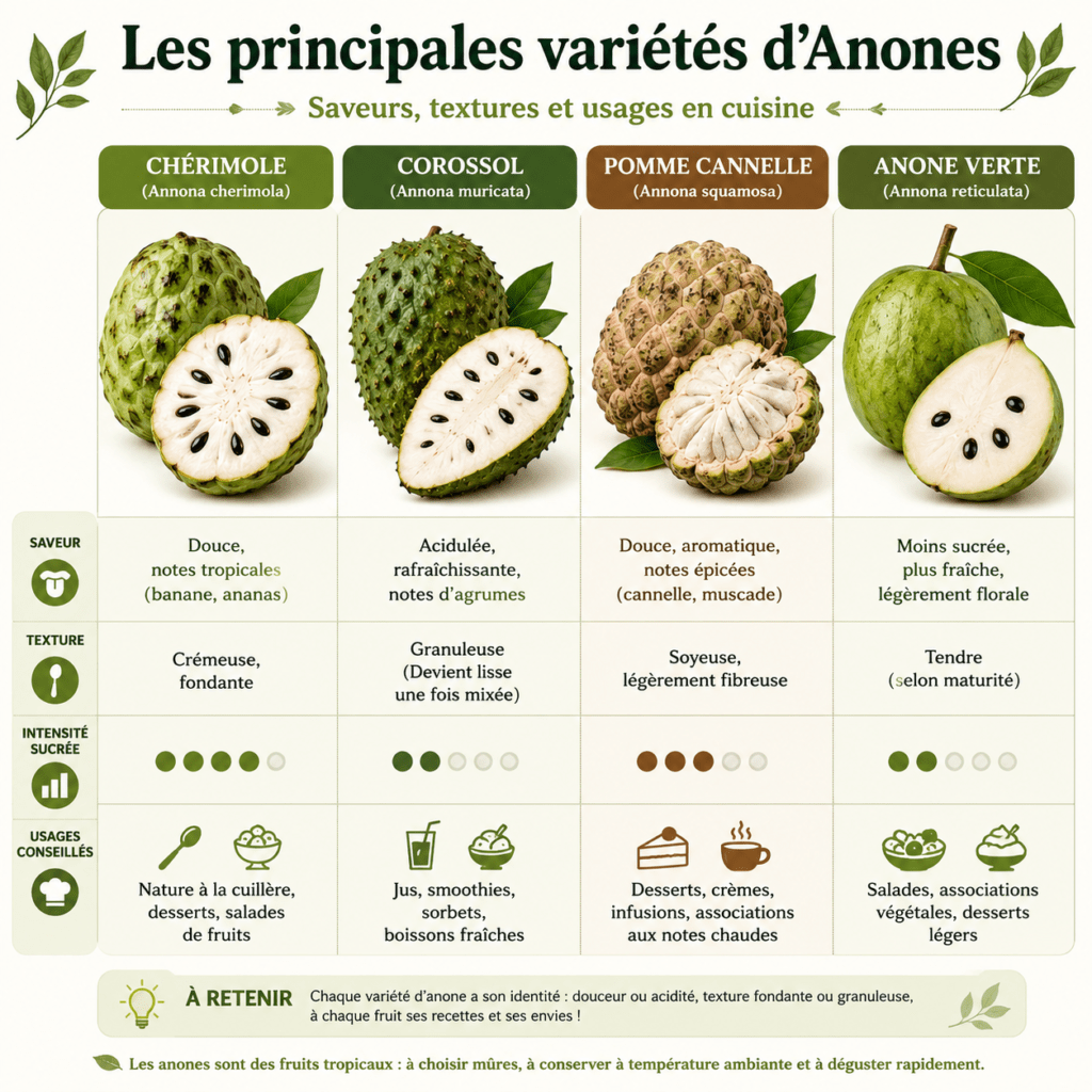Infographie comparant les variétés d’anones, leurs saveurs et leurs usages.