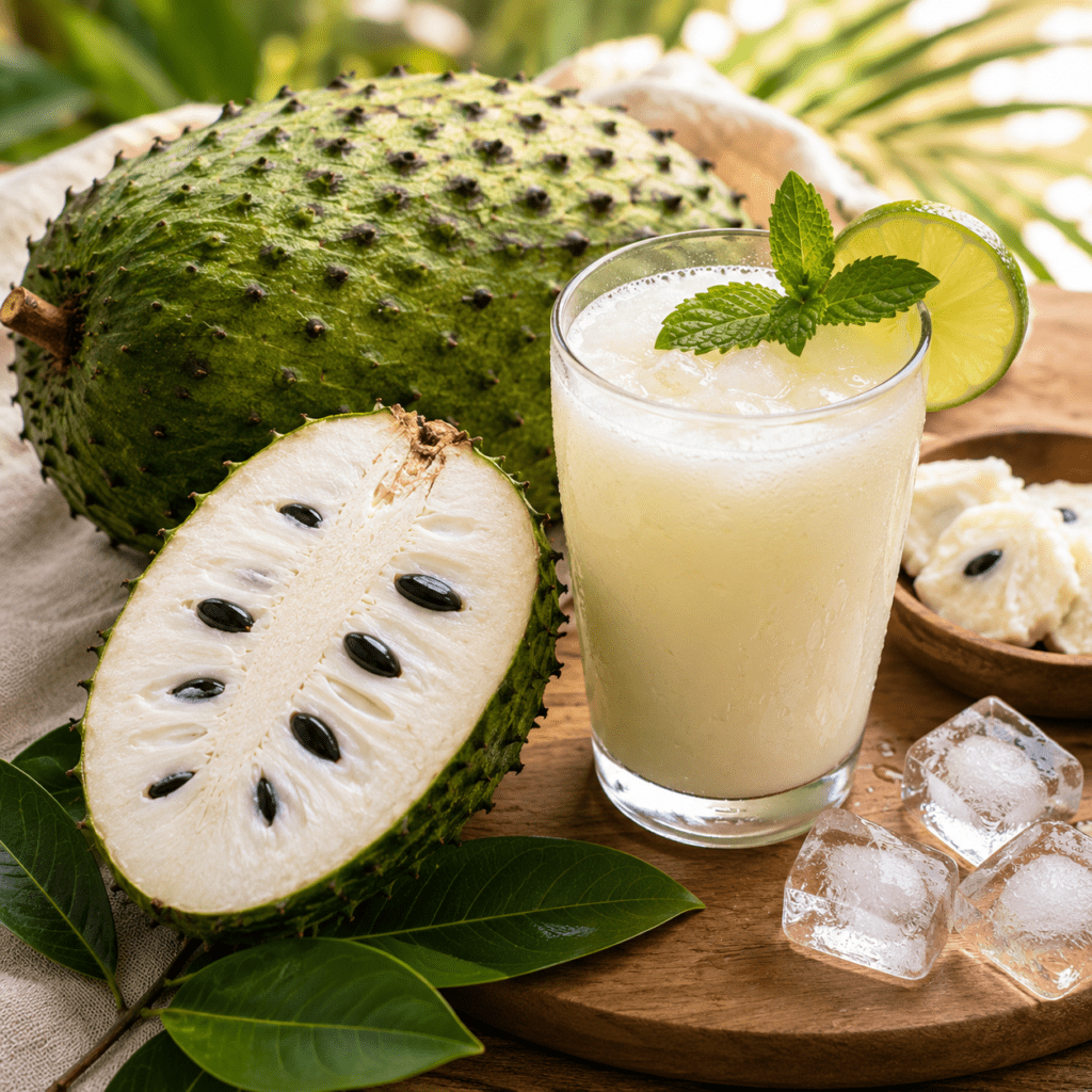 Corossol coupé avec un verre de jus tropical frais.