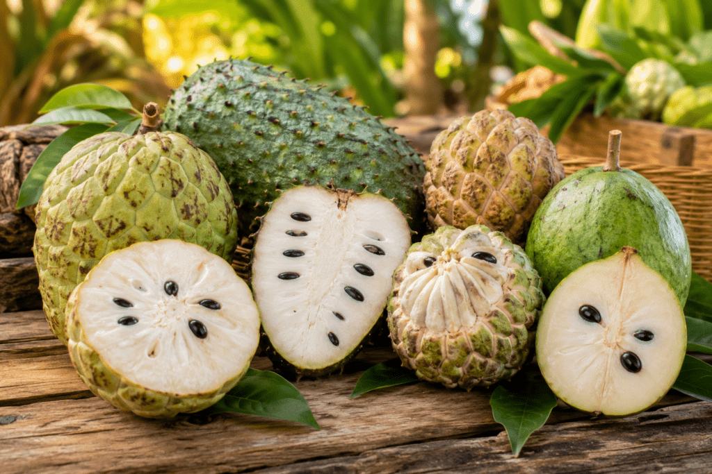 Variétés d’anones tropicales sur un étal de marché.