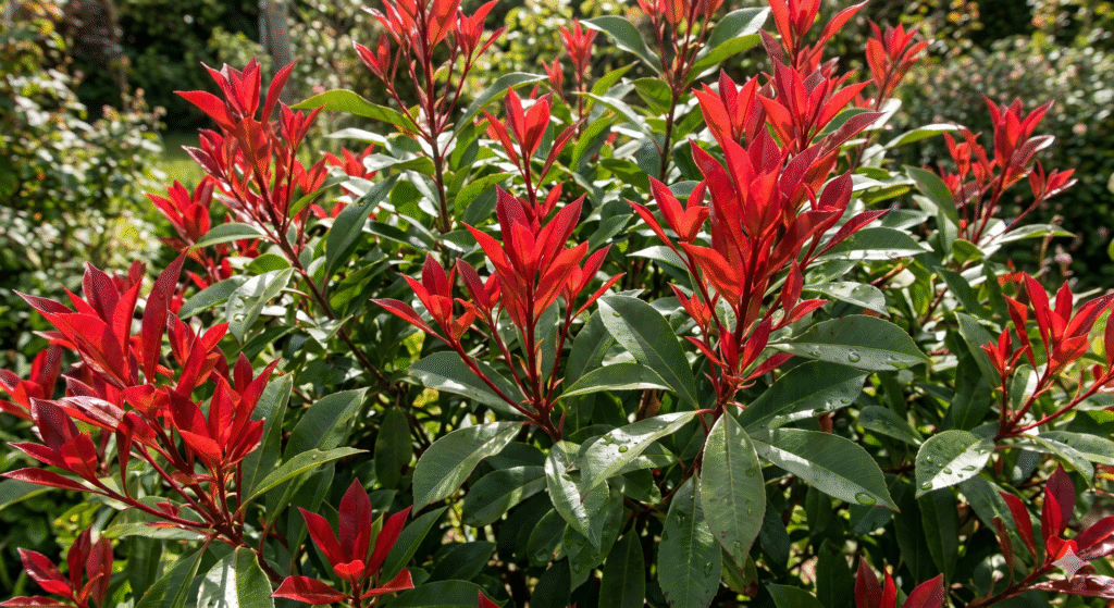 Jeunes pousses rouges du photinia en contraste avec le feuillage vert