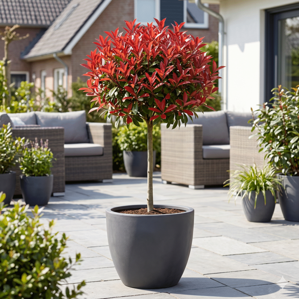 Photinia sur tige en pot sur une terrasse 