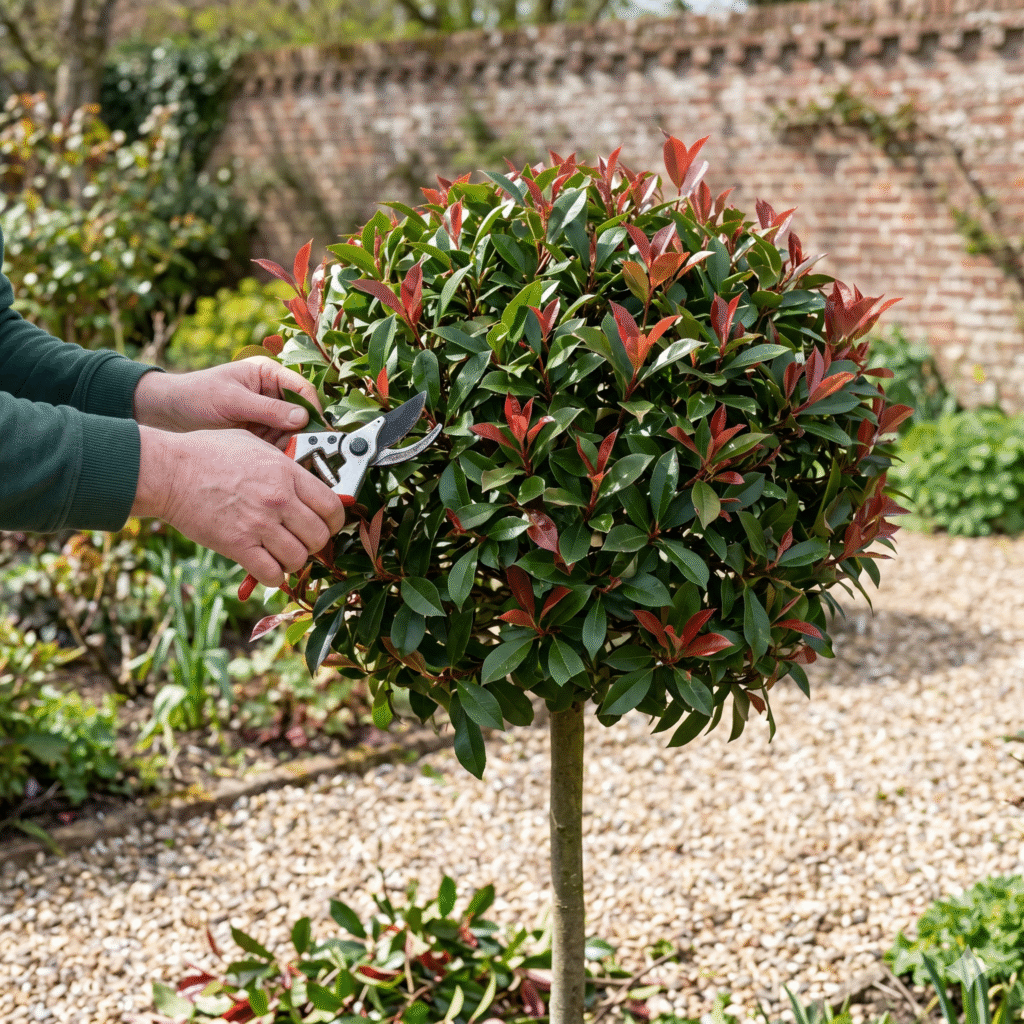 Taille du photinia sur tige en forme de boule. format carre