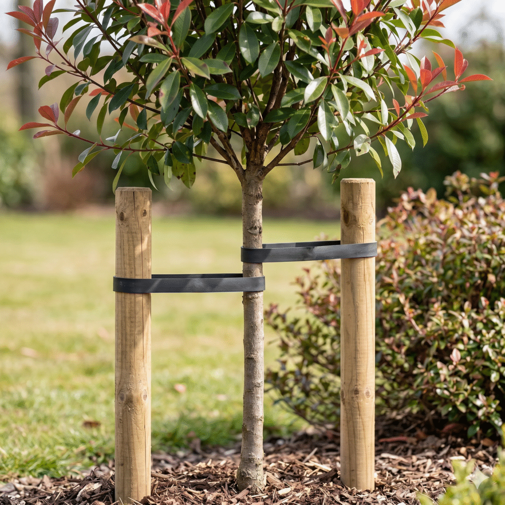 Photinia sur tige en pot sur une terrasse