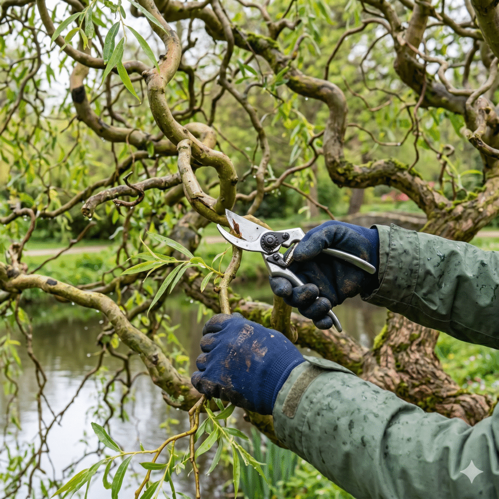 coupe de branche de saule tortueux en hiver