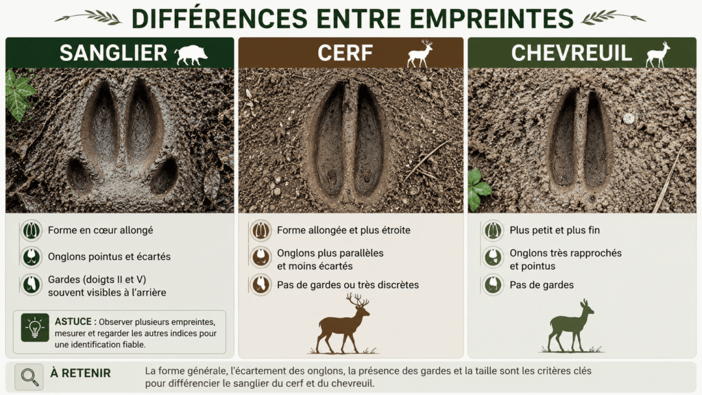 Comparaison entre empreintes de sanglier, cerf et chevreuil