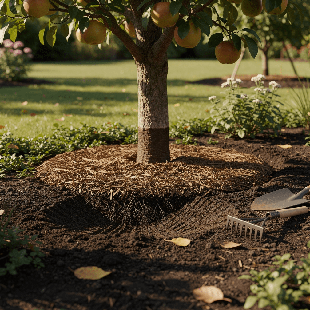 drainage et paillage au pied d’un arbre kaki