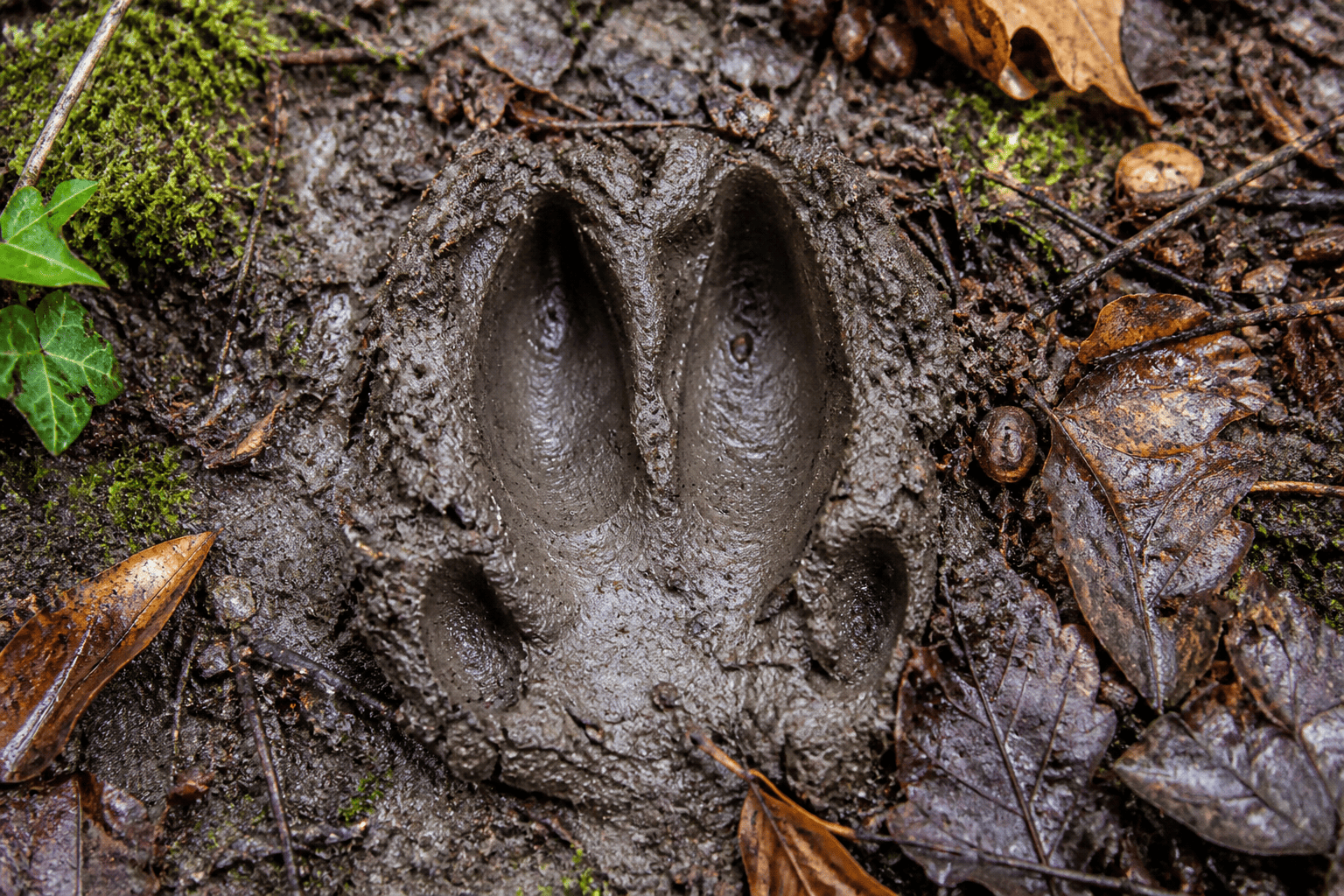 Une trace typique de sanglier avec onglons visibles sur terrain meuble.