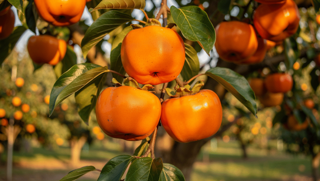 arbre kaki fuyu en bonne santé avec fruits mûrs