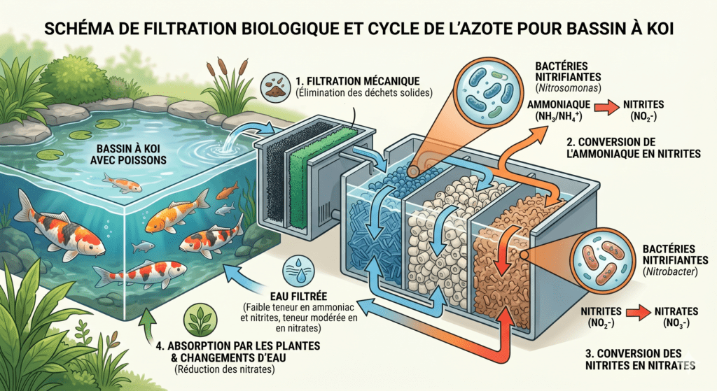 schéma filtration biologique bassin koi avec bactéries ammoniaque nitrites nitrates