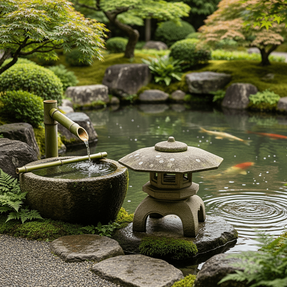 tsukubai lanterne pierre shishi odoshi bambou bassin jardin japonais3