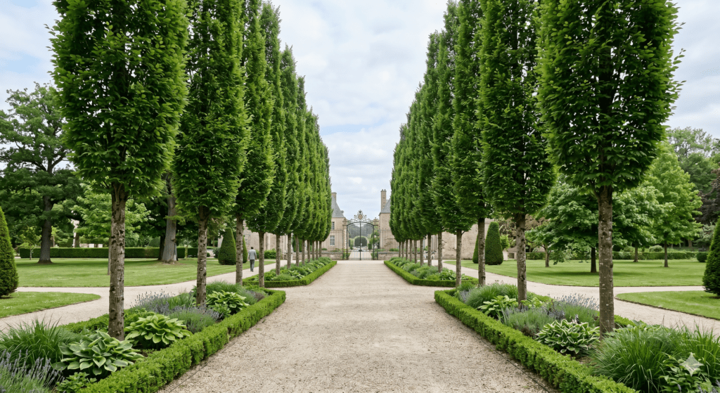 Arbre charme fastigié (Carpinus betulus Fastigiata) avec port colonnaire étroit, alignement le long d’une allée