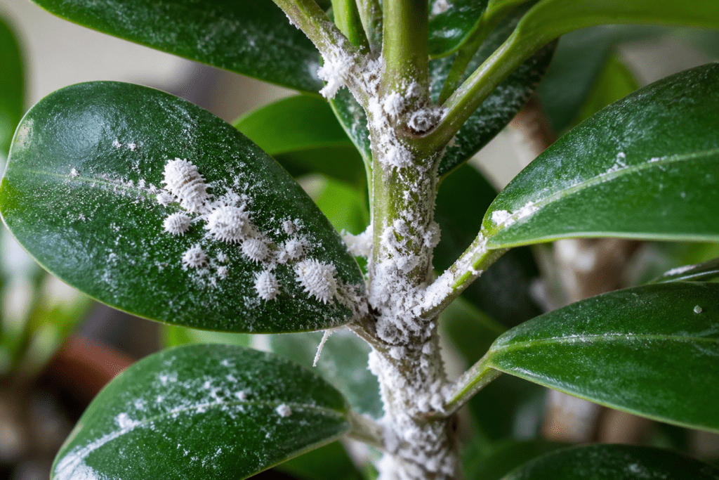 cochenilles farineuses sur plante en gros plan