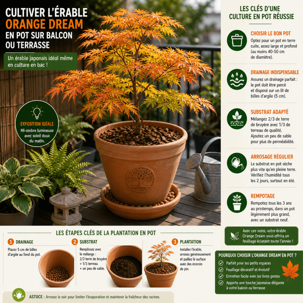 Cultiver un érable Orange Dream en pot sur balcon ou terrasse
