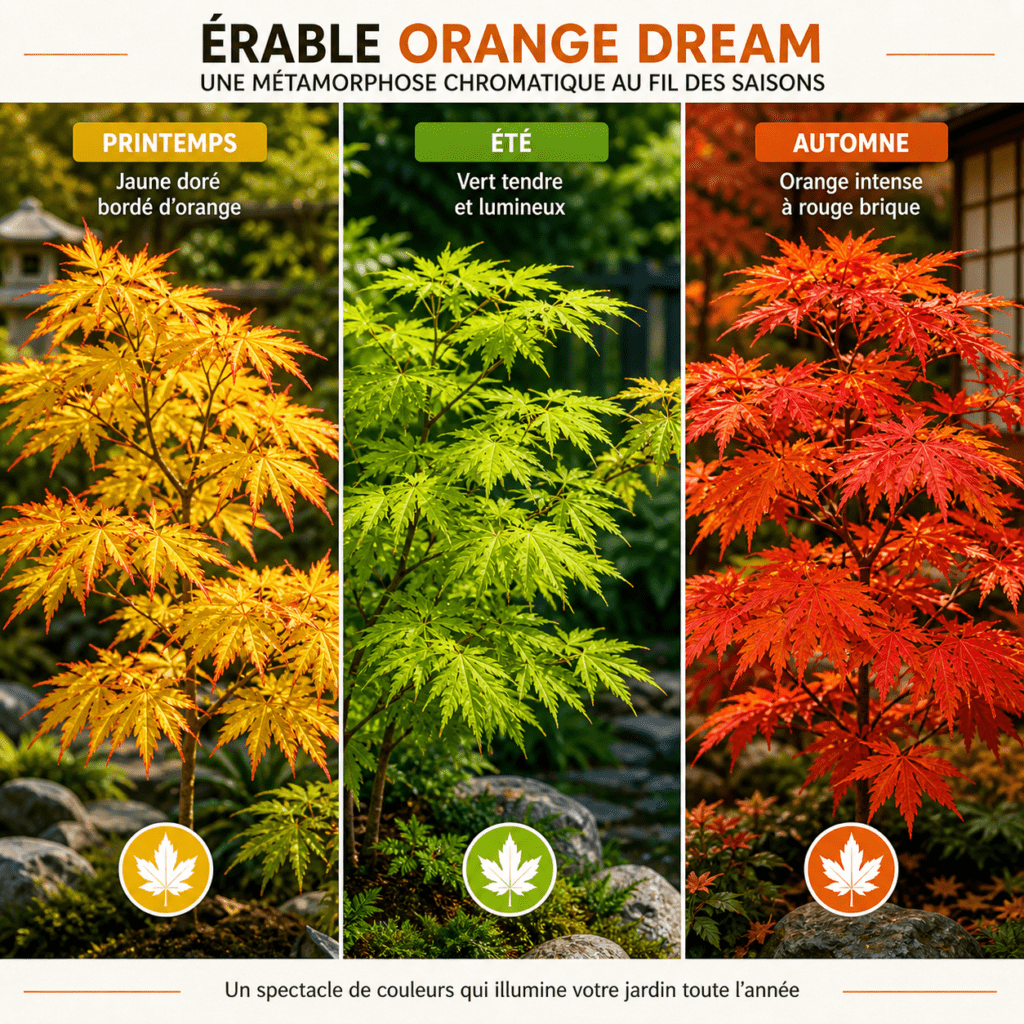 Érable Orange Dream évolution spectaculaire des couleurs au fil des saisons