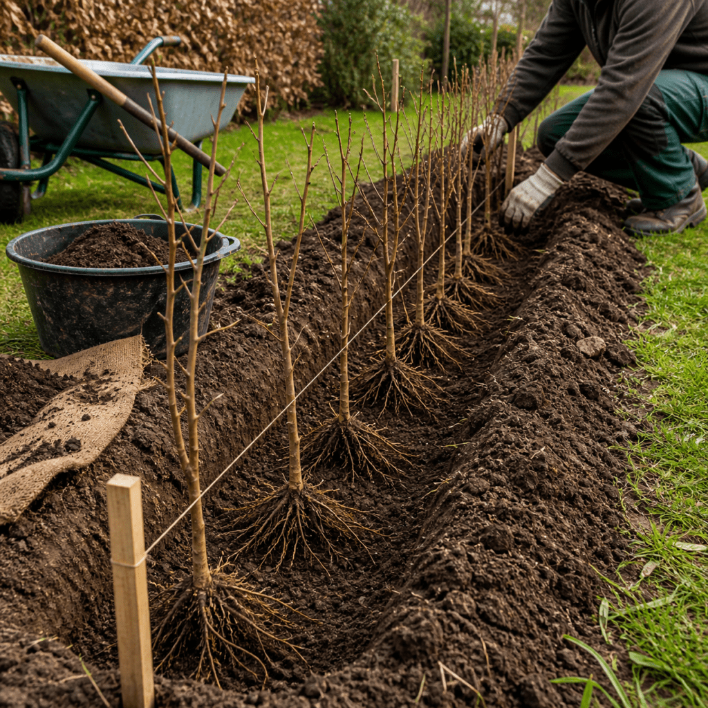 Plantation de jeunes arbustes en jardin