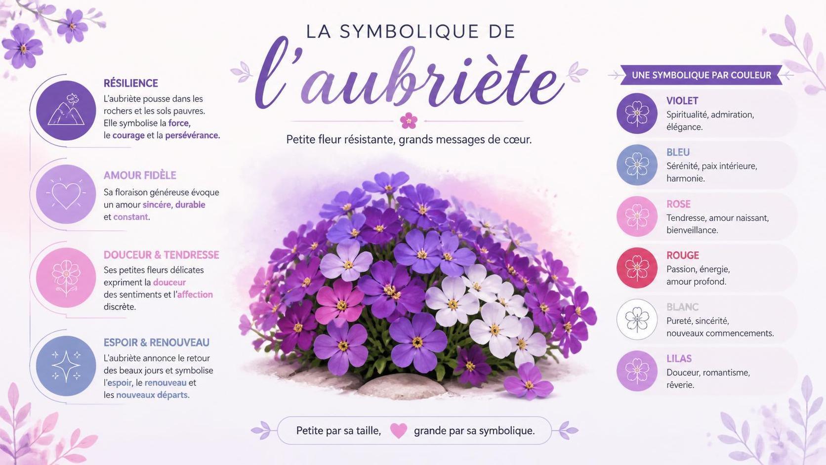 découvrez la signification et la symbolique de l’aubriète, une plante aux fleurs colorées, souvent associée à la fidélité et à la persévérance.