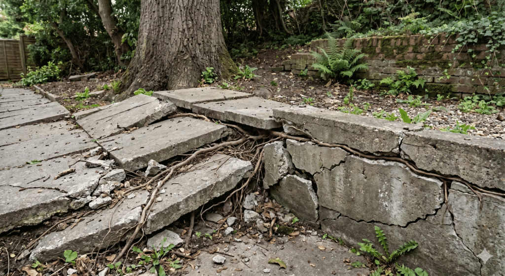 racines d’arbre paulownia envahissantes soulevant une dalle en béton, fissures visibles dans une fondation