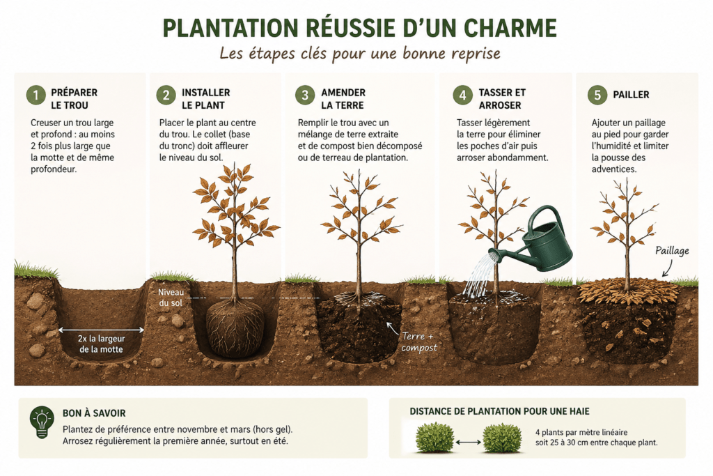 Comment planter un charme- Infographie : trou de plantation, compost, arrosage, distance entre plants.