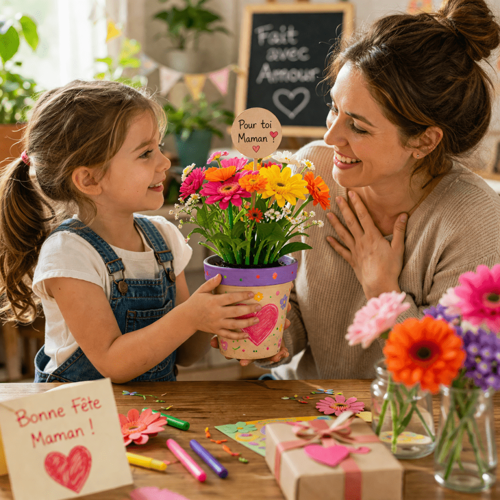 enfant offrant pot de fleurs fait main cadeau fete des meres