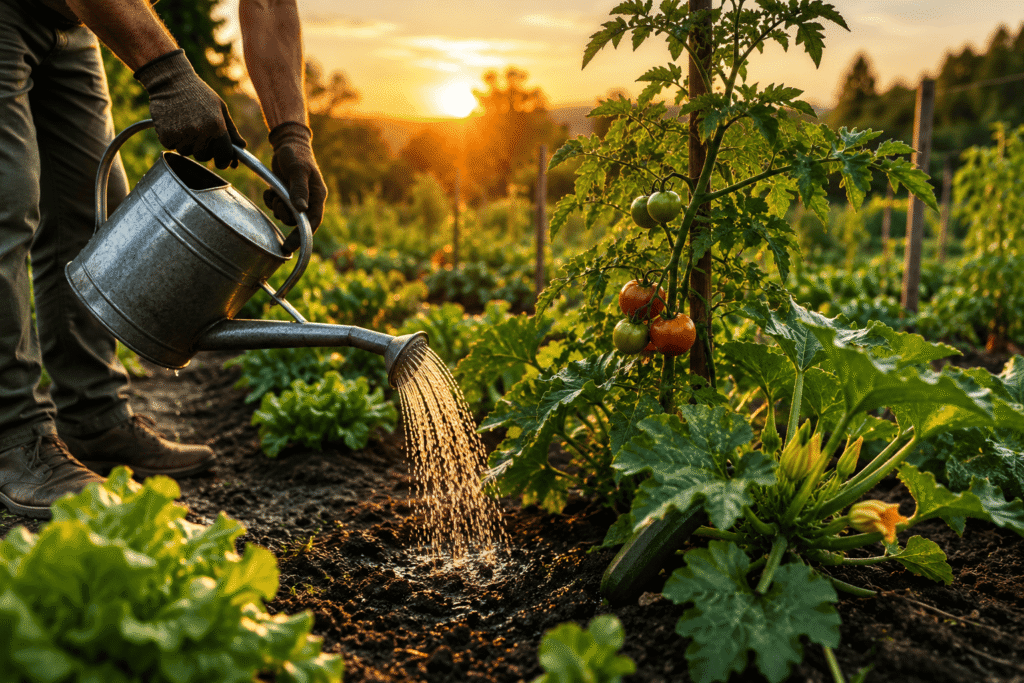 Arrosage d’un potager en été au pied des plantes au coucher du soleil