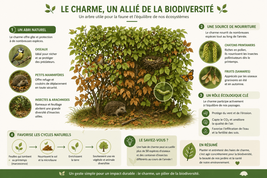 infographie sur le charme - abris pour nids oiseau - source de nourriture chenille et papillon - protection petits mammifere
