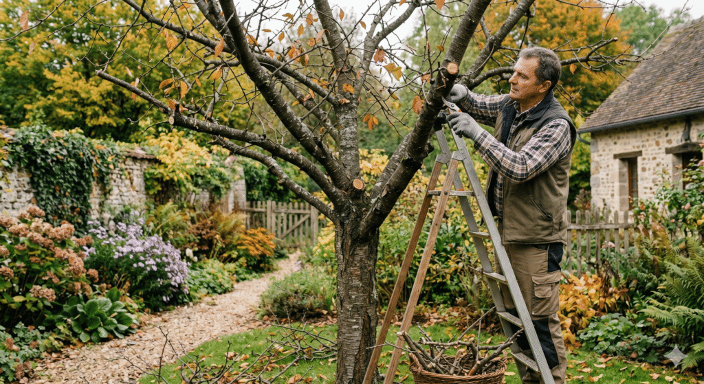 cerisier dans un jardin au moment de la taille