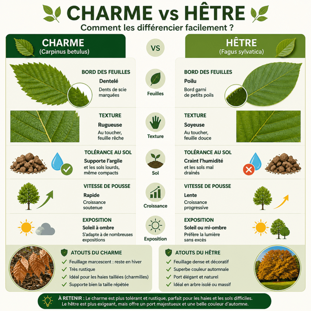 infographie différence charme et hêtre feuilles croissance sol
