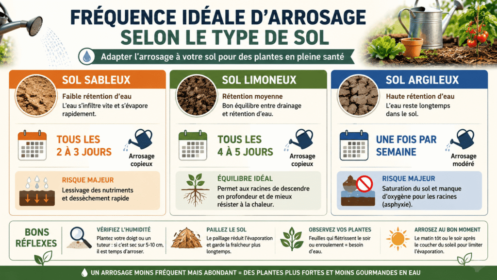 Infographie sur la fréquence d’arrosage selon un sol sableux, limoneux ou argileux