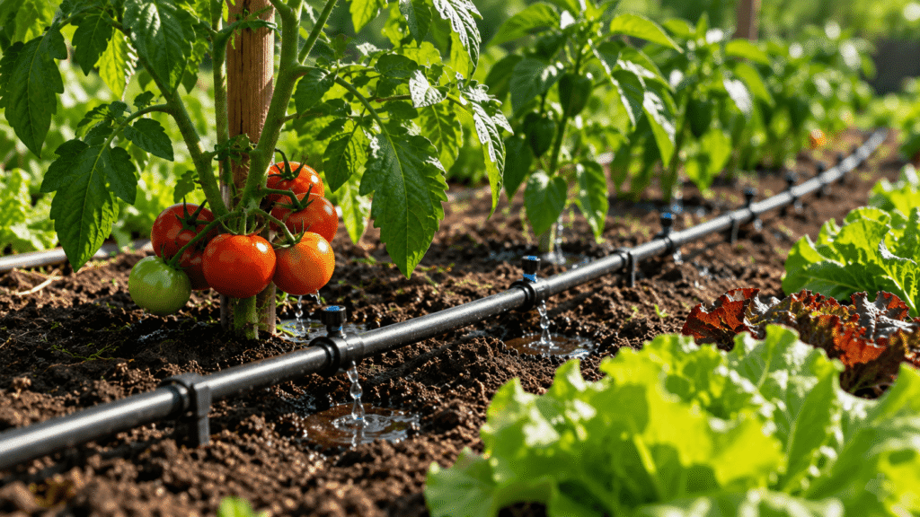 Système d’arrosage goutte-à-goutte dans un potager en été