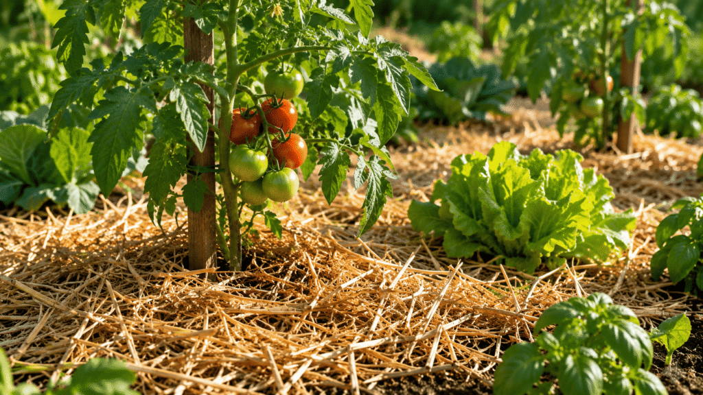Paillage en paille autour de plants de tomates dans un potager d’été