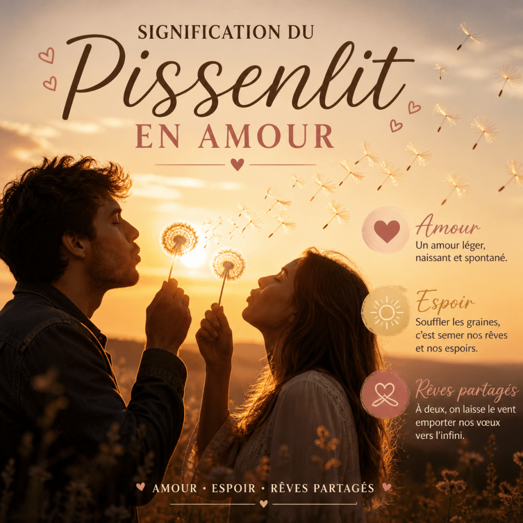 Illustration romantique d’un couple soufflant des graines de pissenlit, symbole d’amour naissant, d’espoir et de rêves partagés.