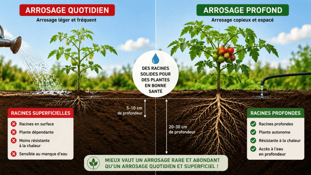 Comparaison entre racines superficielles et profondes selon le type d’arrosage