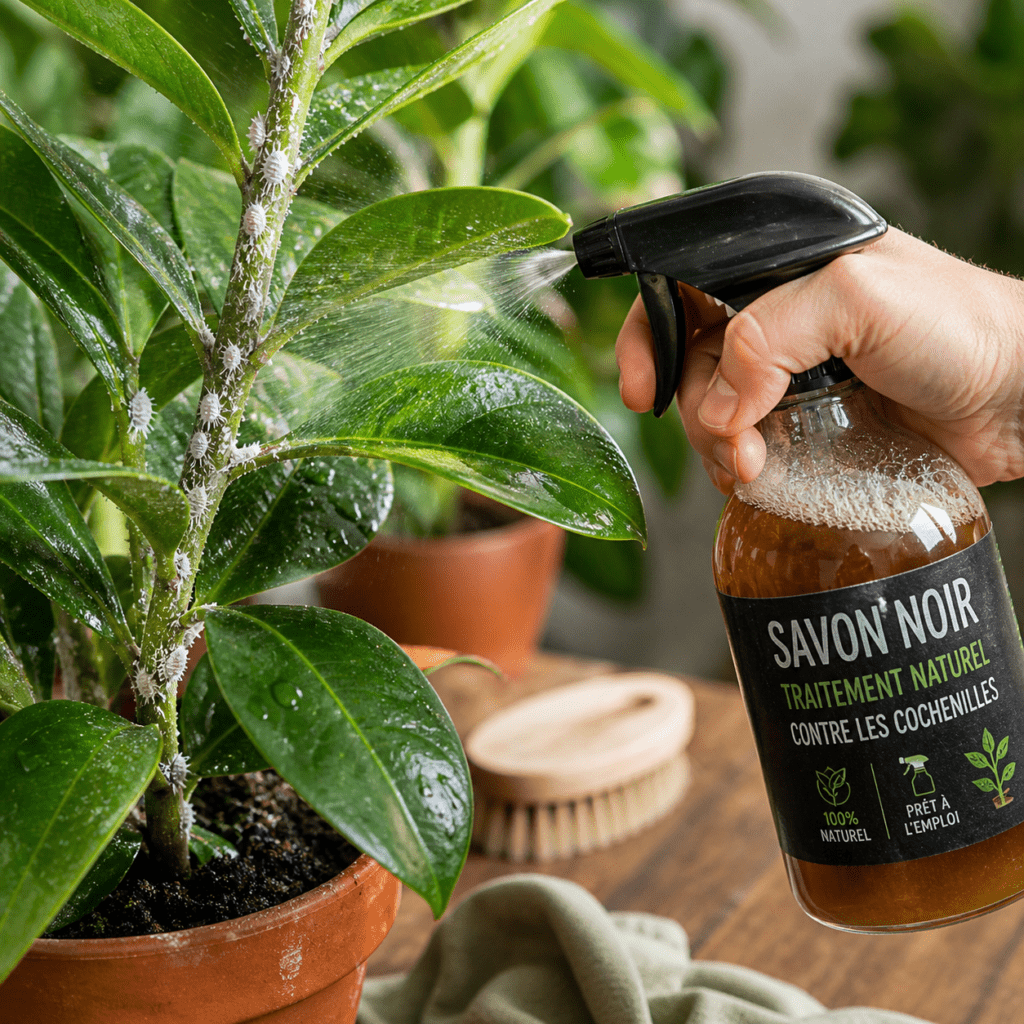 pulvérisation savon noir contre cochenilles sur plante