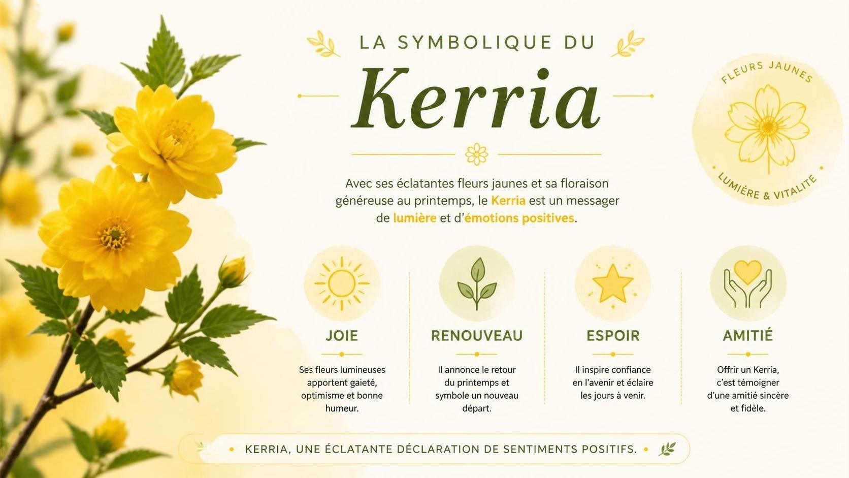 découvrez la signification du kerria, une plante aux fleurs éclatantes et au symbolisme riche. apprenez tout sur ses origines, ses caractéristiques et ce qu'elle représente.