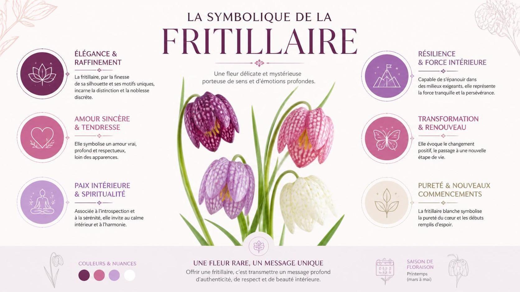 découvrez la signification spirituelle de la fritillaire, une fleur aux symboliques profondes et mystiques, et explorez son rôle dans différentes traditions spirituelles.