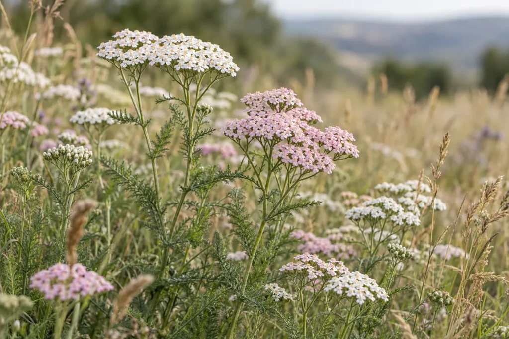 Achillée millefeuille aux ombelles blanches et rose pâle dans une prairie sèche
