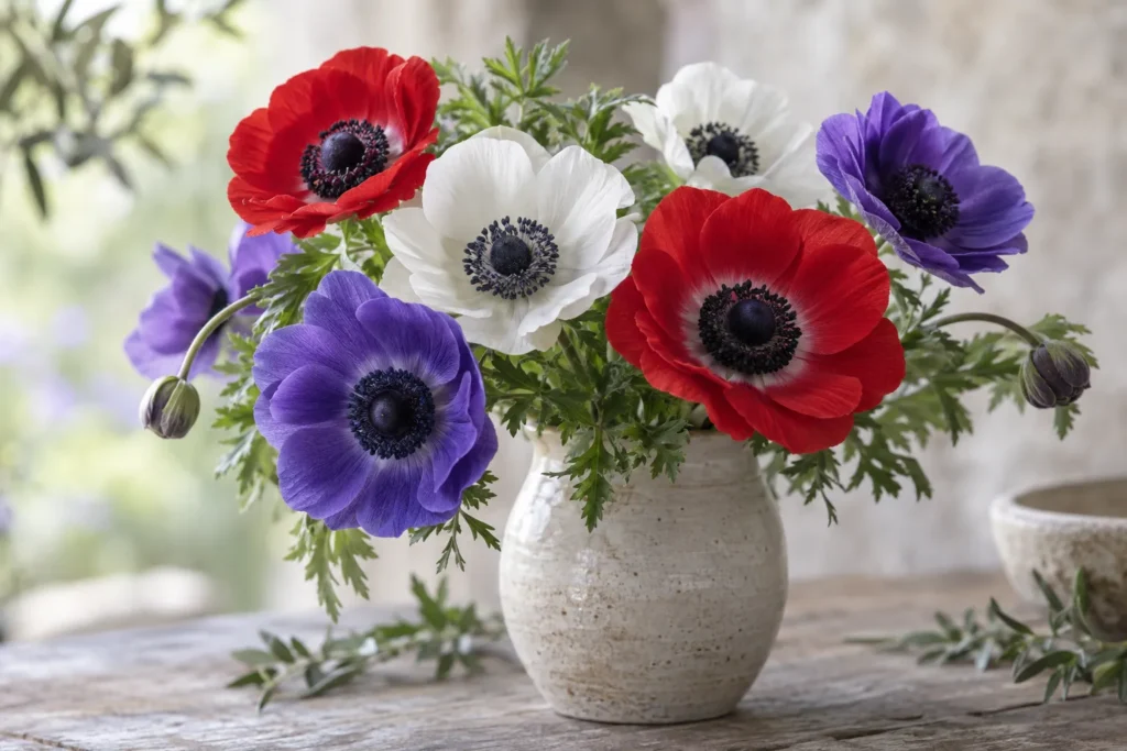 Anémones rouges, blanches et violettes au cœur sombre dans un vase en grès
