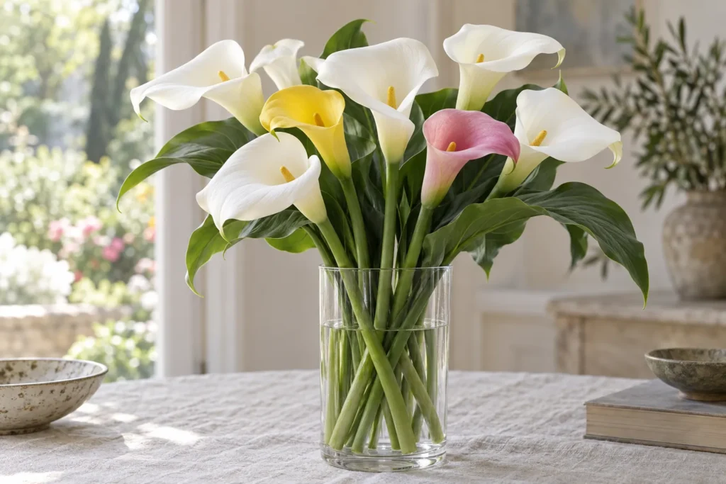 Arums blancs, jaune et rose dans un grand vase en verre sur une nappe en lin