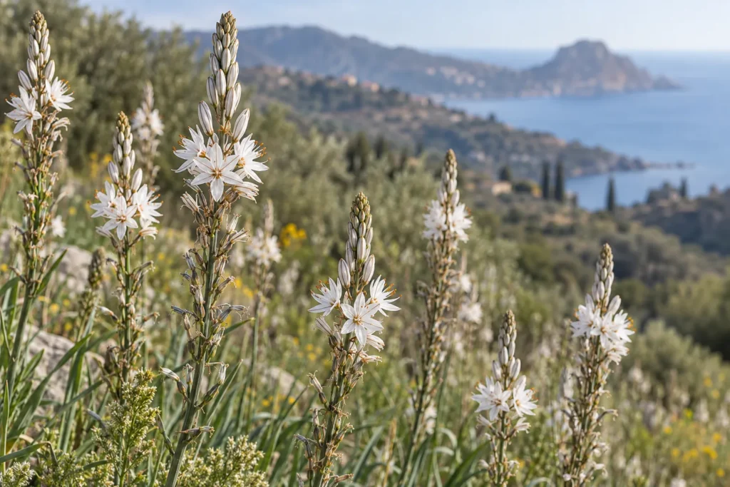 Asphodèles blancs aux hampes étoilées sur une colline méditerranéenne
