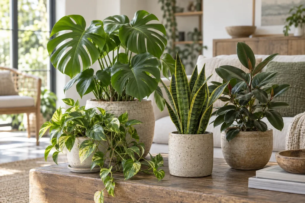 Monstera, pothos, ficus et sansevieria en pots de céramique dans un salon lumineux