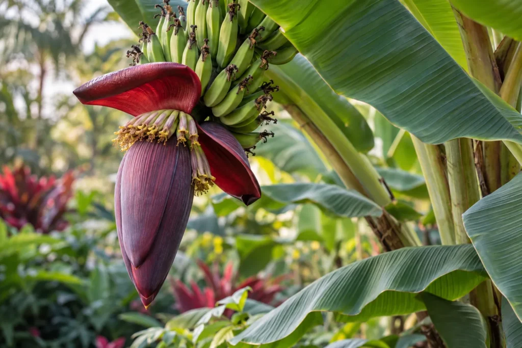 Bananier ornemental avec son gros bouton floral pourpre et ses grandes feuilles
