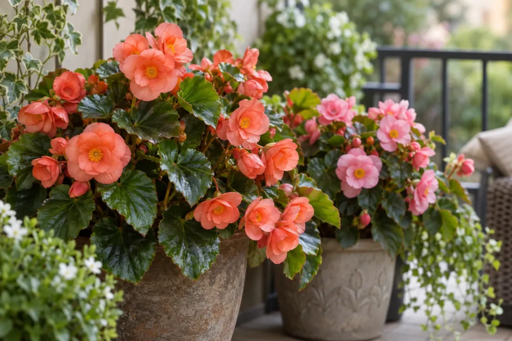 Bégonias corail et roses en pots sur un balcon ombragé