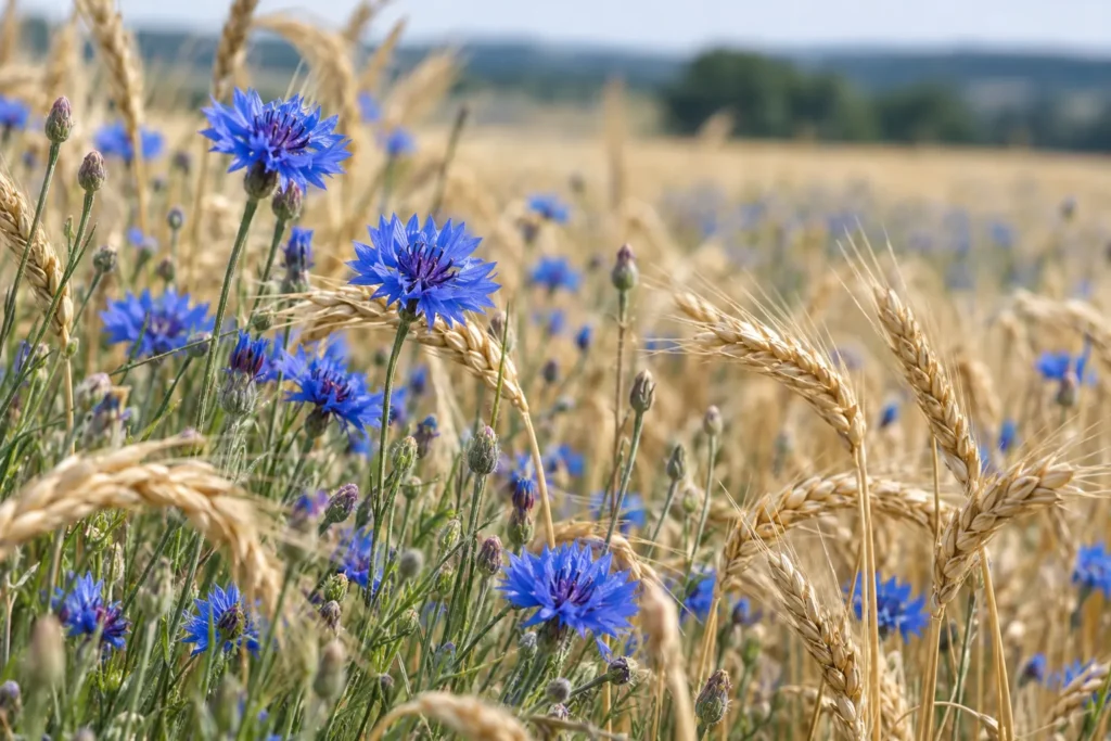 Bleuets d’un bleu intense parmi les blés dorés d’un champ en été