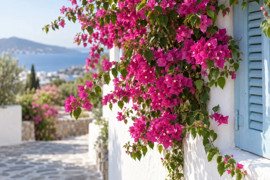 Bougainvillée magenta retombant sur un mur blanc méditerranéen près d’un volet bleu