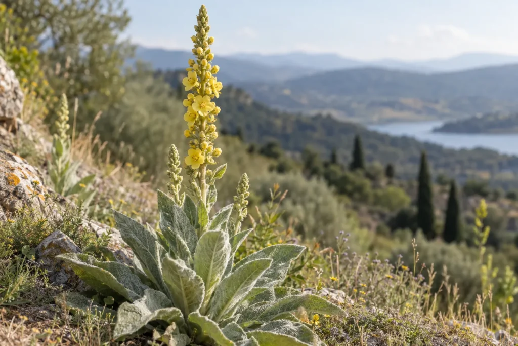 Bouillon-blanc avec un haut épi de fleurs jaunes au-dessus de feuilles laineuses