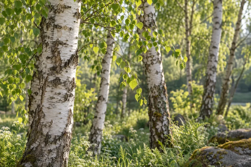 Troncs de bouleaux verruqueux à l’écorce blanche dans un sous-bois ensoleillé
