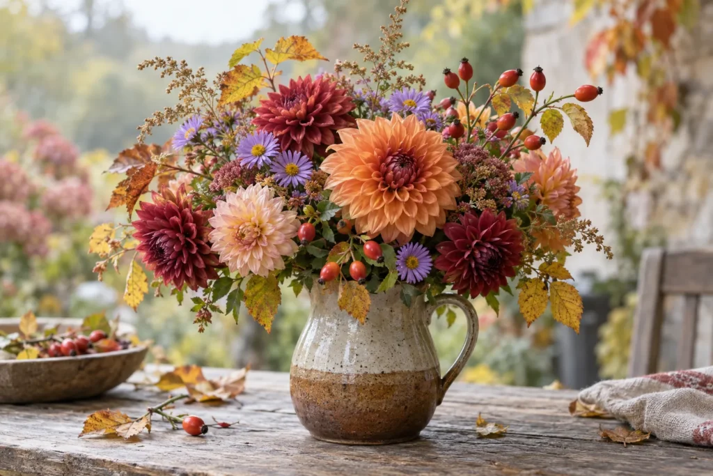 Bouquet d’automne de dahlias, asters et cynorrhodons dans un pichet en céramique