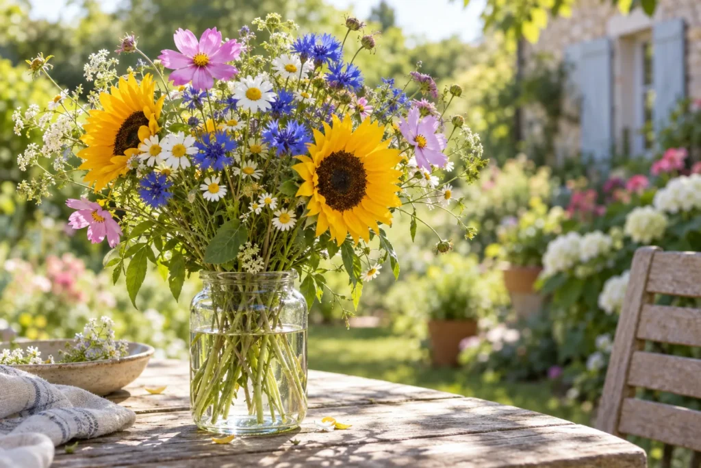 Bouquet d’été de tournesols, bleuets, cosmos et camomille dans un bocal en verre