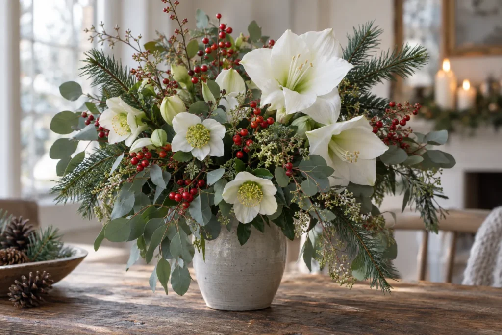 Bouquet d’hiver d’hellébores, amaryllis, eucalyptus et baies rouges